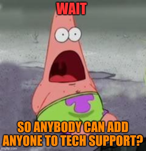 Suprised Patrick | WAIT SO ANYBODY CAN ADD ANYONE TO TECH SUPPORT? | image tagged in suprised patrick | made w/ Imgflip meme maker