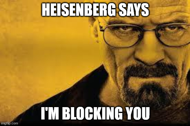 Heisenberg | HEISENBERG SAYS I'M BLOCKING YOU | image tagged in heisenberg | made w/ Imgflip meme maker
