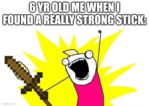 X All The Y | 6 YR OLD ME WHEN I FOUND A REALLY STRONG STICK: | image tagged in memes,x all the y | made w/ Imgflip meme maker
