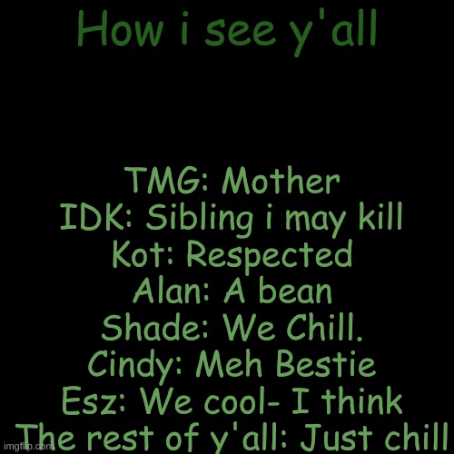 E | TMG: Mother
IDK: Sibling i may kill
Kot: Respected
Alan: A bean
Shade: We Chill.
Cindy: Meh Bestie
Esz: We cool- I think

The rest of y'all: Just chill; How i see y'all | image tagged in black | made w/ Imgflip meme maker