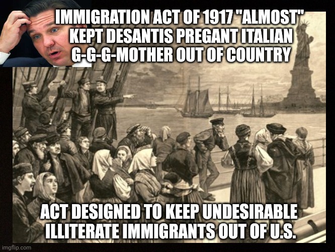 Ron DeSantis Immigration Fact! | IMMIGRATION ACT OF 1917 "ALMOST"
 KEPT DESANTIS PREGANT ITALIAN

 G-G-G-MOTHER OUT OF COUNTRY; ACT DESIGNED TO KEEP UNDESIRABLE
 ILLITERATE IMMIGRANTS OUT OF U.S. | image tagged in political meme,meanwhile in florida,immigrants,florida man,lock him up,funny memes | made w/ Imgflip meme maker