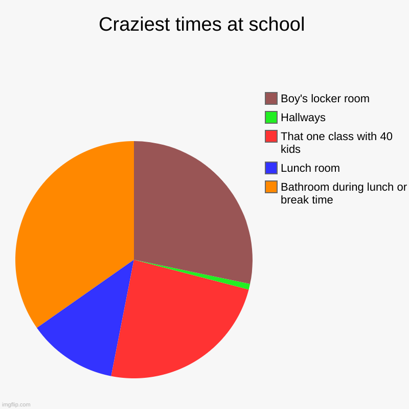 Craziest times at school | Bathroom during lunch or break time, Lunch room, That one class with 40 kids, Hallways, Boy's locker room | image tagged in charts,pie charts | made w/ Imgflip chart maker