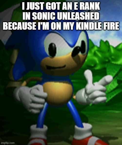 derpy sonic | I JUST GOT AN E RANK IN SONIC UNLEASHED BECAUSE I'M ON MY KINDLE FIRE | image tagged in derpy sonic | made w/ Imgflip meme maker