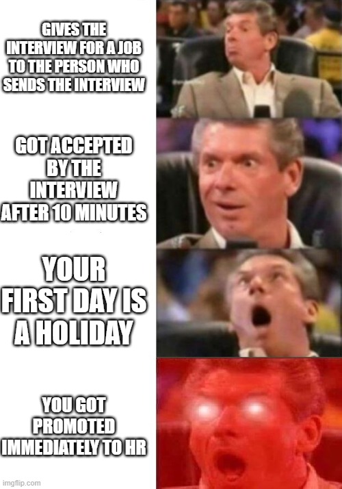 Interwieving | GIVES THE INTERVIEW FOR A JOB TO THE PERSON WHO SENDS THE INTERVIEW; GOT ACCEPTED BY THE INTERVIEW AFTER 10 MINUTES; YOUR FIRST DAY IS A HOLIDAY; YOU GOT PROMOTED IMMEDIATELY TO HR | image tagged in mr mcmahon reaction | made w/ Imgflip meme maker