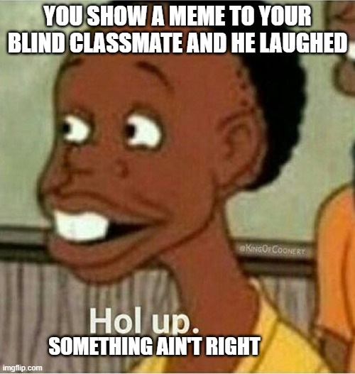 Huh? | YOU SHOW A MEME TO YOUR BLIND CLASSMATE AND HE LAUGHED; SOMETHING AIN'T RIGHT | image tagged in hol up | made w/ Imgflip meme maker