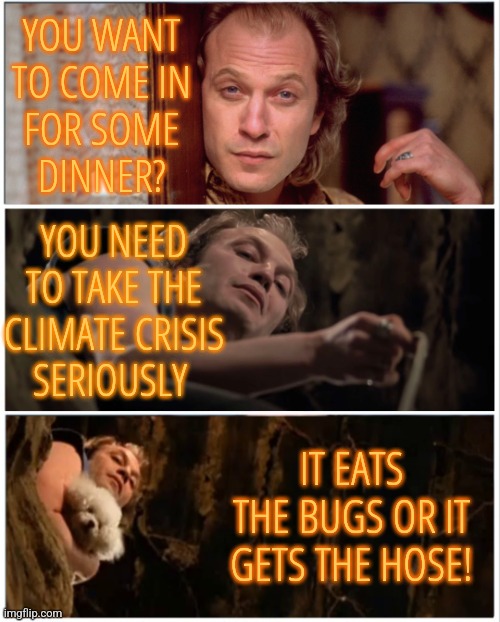 Eat The Bugs | YOU WANT TO COME IN
FOR SOME
DINNER? YOU NEED TO TAKE THE
CLIMATE CRISIS
SERIOUSLY; IT EATS THE BUGS OR IT GETS THE HOSE! | image tagged in buffalo bill extended,memes,funny,liberals,great reset,world economic forum | made w/ Imgflip meme maker