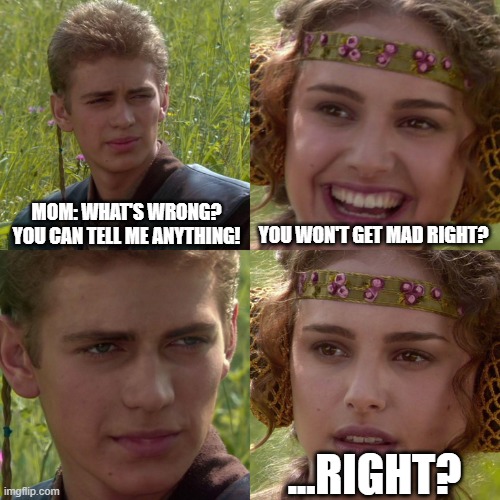 Facts | MOM: WHAT'S WRONG? YOU CAN TELL ME ANYTHING! YOU WON'T GET MAD RIGHT? ...RIGHT? | image tagged in anakin padme 4 panel | made w/ Imgflip meme maker