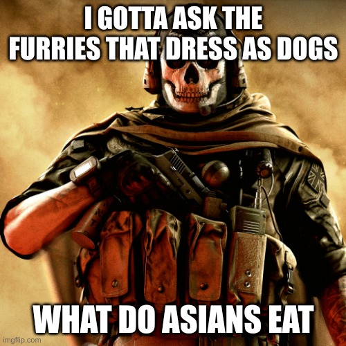 If you are thinking, yes im asian | I GOTTA ASK THE FURRIES THAT DRESS AS DOGS; WHAT DO ASIANS EAT | image tagged in ghost,anti furry,asian,call of duty | made w/ Imgflip meme maker