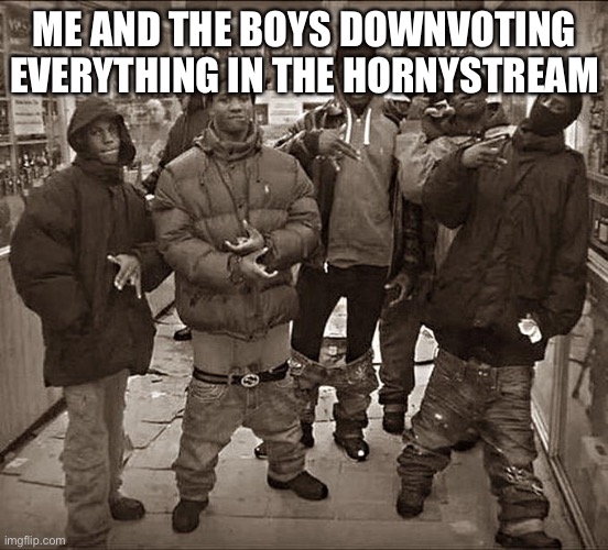 Yea | ME AND THE BOYS DOWNVOTING EVERYTHING IN THE HORNYSTREAM | image tagged in all my homies hate | made w/ Imgflip meme maker