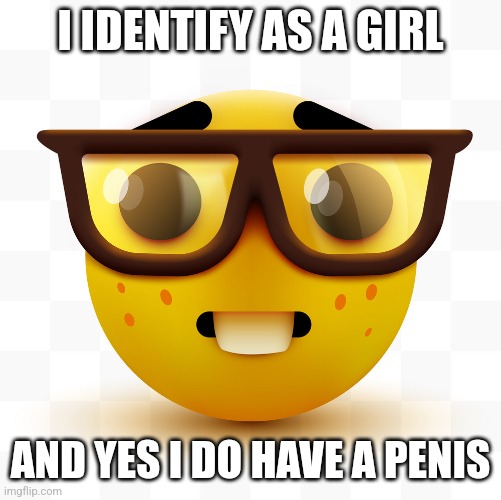 Nerd emoji | I IDENTIFY AS A GIRL; AND YES I DO HAVE A PENIS | image tagged in nerd emoji | made w/ Imgflip meme maker