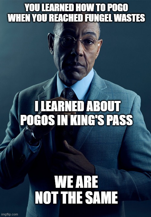 Get pogoing bong bong | YOU LEARNED HOW TO POGO WHEN YOU REACHED FUNGEL WASTES; I LEARNED ABOUT POGOS IN KING'S PASS; WE ARE NOT THE SAME | image tagged in gus fring we are not the same,hollow knight | made w/ Imgflip meme maker