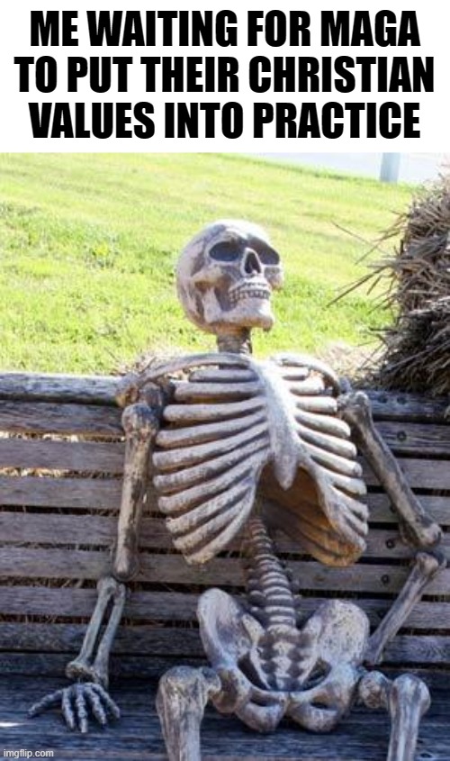 Yeah, that's not gonna happen. | ME WAITING FOR MAGA TO PUT THEIR CHRISTIAN VALUES INTO PRACTICE | image tagged in memes,waiting skeleton,maga,fundamental christianity,hypocrites,brown nosers | made w/ Imgflip meme maker