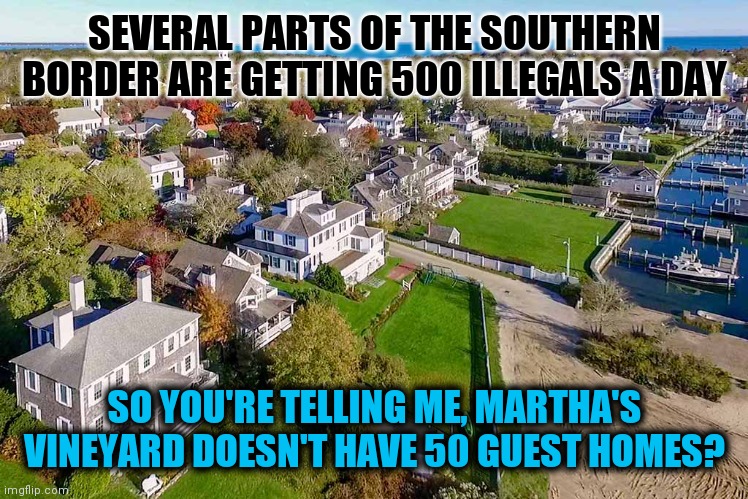 Martha's Vineyard is an Island | SEVERAL PARTS OF THE SOUTHERN BORDER ARE GETTING 500 ILLEGALS A DAY; SO YOU'RE TELLING ME, MARTHA'S VINEYARD DOESN'T HAVE 50 GUEST HOMES? | image tagged in rich elitists,snobs,nimby,karens,kenneths | made w/ Imgflip meme maker