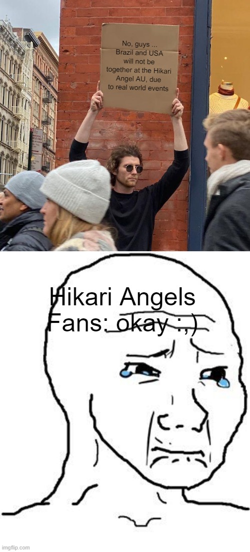 :,) | No, guys ... Brazil and USA will not be together at the Hikari Angel AU, due to real world events; Hikari Angels Fans: okay :,) | image tagged in memes,guy holding cardboard sign,crying | made w/ Imgflip meme maker