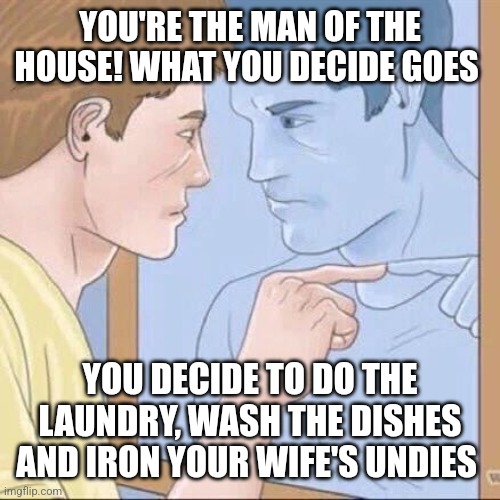 Husband Has The Final Say |  YOU'RE THE MAN OF THE HOUSE! WHAT YOU DECIDE GOES; YOU DECIDE TO DO THE LAUNDRY, WASH THE DISHES AND IRON YOUR WIFE'S UNDIES | image tagged in pointing mirror guy,husband,husband wife,funny meme | made w/ Imgflip meme maker