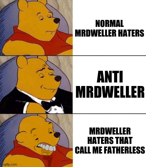 Stop calling me fatherless or I will kill you | NORMAL MRDWELLER HATERS; ANTI MRDWELLER; MRDWELLER HATERS THAT CALL ME FATHERLESS | image tagged in best better blurst,mr dweller,anti mrdweller,pooh | made w/ Imgflip meme maker