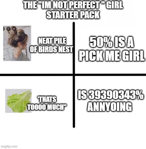 Like girl no. one .cares | THE "IM NOT PERFECT " GIRL
STARTER PACK; 50% IS A PICK ME GIRL; NEAT PILE OF BIRDS NEST; IS 39390343% ANNYOING; 'THATS TOOOO MUCH" | image tagged in memes,blank starter pack | made w/ Imgflip meme maker