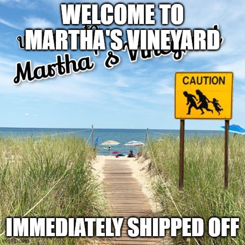 Migrants Vineyard | WELCOME TO MARTHA'S VINEYARD; IMMEDIATELY SHIPPED OFF | image tagged in migrants vineyard | made w/ Imgflip meme maker