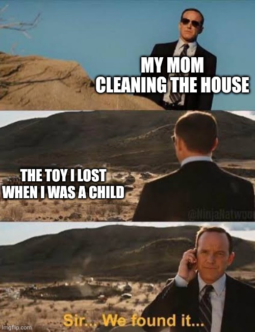 Finally... after all these years | MY MOM CLEANING THE HOUSE; THE TOY I LOST WHEN I WAS A CHILD | image tagged in sir we found it,lost,toy,mom,wholesome,meme | made w/ Imgflip meme maker