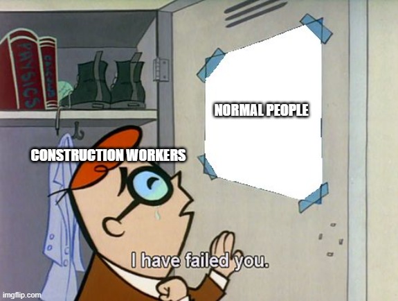 I have failed you | NORMAL PEOPLE CONSTRUCTION WORKERS | image tagged in i have failed you | made w/ Imgflip meme maker