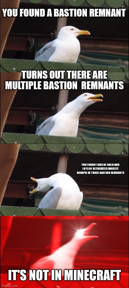 Minecraft, I think | YOU FOUND A BASTION REMNANT; TURNS OUT THERE ARE MULTIPLE BASTION  REMNANTS; YOU FOUND TONS OF GOLD AND LOTS OF NETHERITES (MOSTLY SCRAPS) IN THOSE BASTION REMNANTS; IT'S NOT IN MINECRAFT | image tagged in memes,inhaling seagull | made w/ Imgflip meme maker
