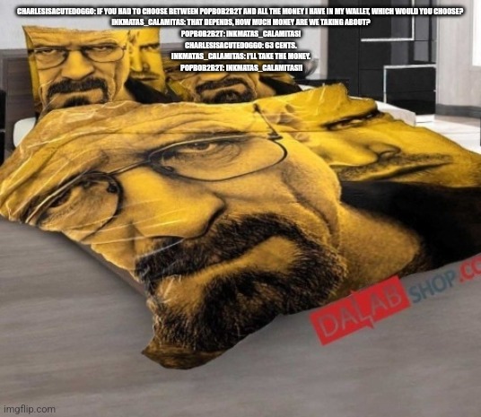 Breaking Bed | CHARLESISACUTEDOGGO: IF YOU HAD TO CHOOSE BETWEEN POPBOB2B2T AND ALL THE MONEY I HAVE IN MY WALLET, WHICH WOULD YOU CHOOSE? 
 INKMATAS_CALAMITAS: THAT DEPENDS, HOW MUCH MONEY ARE WE TAKING ABOUT? 
 POPBOB2B2T: INKMATAS_CALAMITAS! 
 CHARLESISACUTEDOGGO: 63 CENTS. 
 INKMATAS_CALAMITAS: I'LL TAKE THE MONEY. 
 POPBOB2B2T: INKMATAS_CALAMITAS!! | image tagged in breaking bed | made w/ Imgflip meme maker
