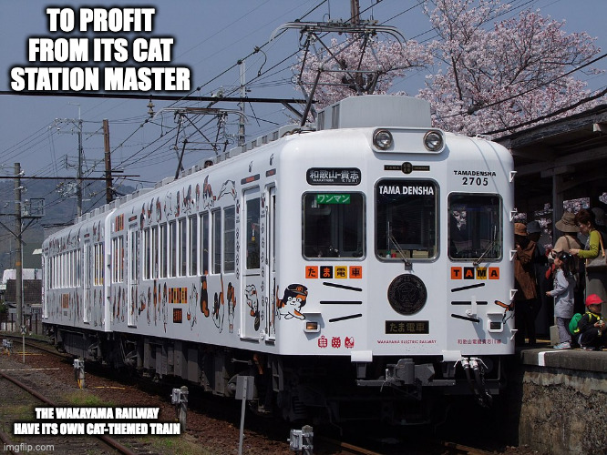 Cat Train | TO PROFIT FROM ITS CAT STATION MASTER; THE WAKAYAMA RAILWAY HAVE ITS OWN CAT-THEMED TRAIN | image tagged in cats,memes,trains | made w/ Imgflip meme maker