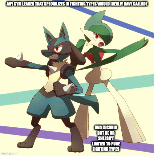 Lucario and Gallade | ANY GYM LEADER THAT SPECIALIZES IN FIGHTING TYPES WOULD IDEALLY HAVE GALLADE; AND LUCARIO BUT HE OR SHE ISN'T LIMITED TO PURE FIGHTING TYPES | image tagged in lucario,gallade,memes,pokemon | made w/ Imgflip meme maker