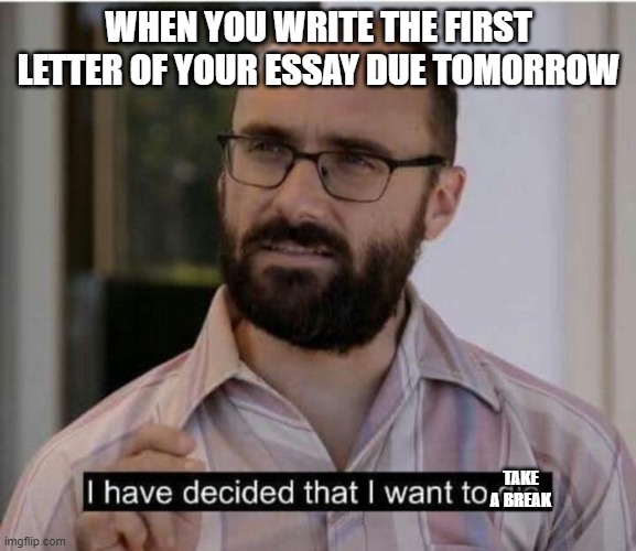 homework :( | WHEN YOU WRITE THE FIRST LETTER OF YOUR ESSAY DUE TOMORROW; TAKE A BREAK | image tagged in i have decided that i want to die,homework,school | made w/ Imgflip meme maker