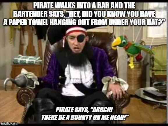 bounty-ful pirate | PIRATE WALKS INTO A BAR AND THE BARTENDER SAYS, "HEY, DID YOU KNOW YOU HAVE A PAPER TOWEL HANGING OUT FROM UNDER YOUR HAT?"; PIRATE SAYS, "ARRGH!  THERE BE A BOUNTY ON ME HEAD!" | image tagged in memes | made w/ Imgflip meme maker