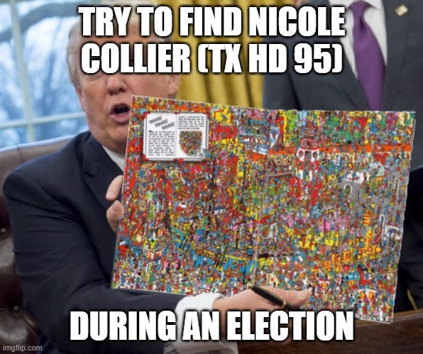 Where's Nicole Collier? | TRY TO FIND NICOLE COLLIER (TX HD 95); DURING AN ELECTION | image tagged in trump where s waldo | made w/ Imgflip meme maker