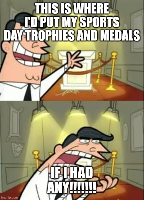 I wish I got atleast one | THIS IS WHERE I'D PUT MY SPORTS DAY TROPHIES AND MEDALS; IF I HAD ANY!!!!!!! | image tagged in memes,this is where i'd put my trophy if i had one | made w/ Imgflip meme maker