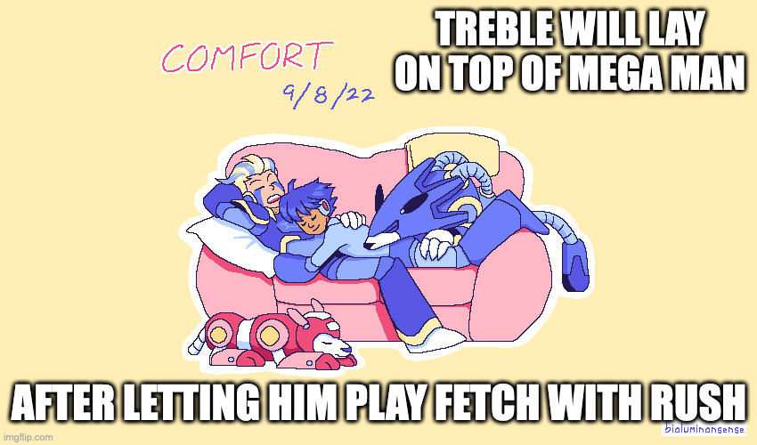 Mega Man and Bass on Sofa | TREBLE WILL LAY ON TOP OF MEGA MAN; AFTER LETTING HIM PLAY FETCH WITH RUSH | image tagged in sofa,megaman,bass,rush,treble,memes | made w/ Imgflip meme maker