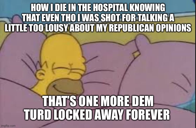 Locked away forever | HOW I DIE IN THE HOSPITAL KNOWING THAT EVEN THO I WAS SHOT FOR TALKING A LITTLE TOO LOUSY ABOUT MY REPUBLICAN OPINIONS; THAT’S ONE MORE DEM TURD LOCKED AWAY FOREVER | image tagged in how i sleep homer simpson | made w/ Imgflip meme maker