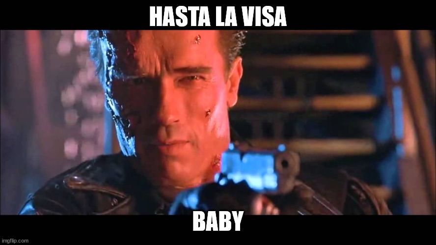 Hasta la vista, baby | HASTA LA VISA; BABY | image tagged in hasta la vista baby | made w/ Imgflip meme maker