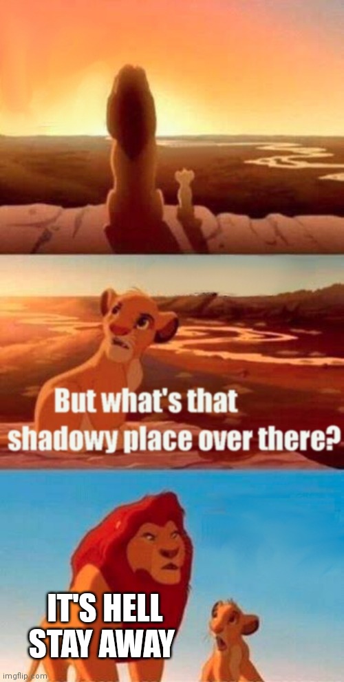 Lion King memes mufasa and Simba | IT'S HELL STAY AWAY | image tagged in memes,simba shadowy place,funny memes | made w/ Imgflip meme maker
