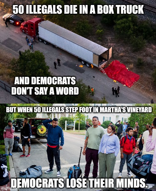 Shows their true colors. | 50 ILLEGALS DIE IN A BOX TRUCK; AND DEMOCRATS DON'T SAY A WORD; BUT WHEN 50 ILLEGALS STEP FOOT IN MARTHA'S VINEYARD; DEMOCRATS LOSE THEIR MINDS. | image tagged in memes | made w/ Imgflip meme maker