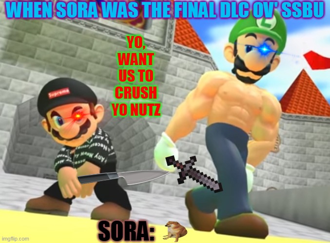 Sora, you're dead | WHEN SORA WAS THE FINAL DLC OV' SSBU; YO, WANT US TO CRUSH YO NUTZ; SORA: | image tagged in drip mario giga weegee,funny memes,super smash bros | made w/ Imgflip meme maker