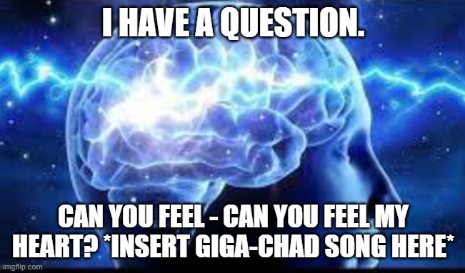 10000 IQ | I HAVE A QUESTION. CAN YOU FEEL - CAN YOU FEEL MY HEART? *INSERT GIGA-CHAD SONG HERE* | image tagged in 10000 iq | made w/ Imgflip meme maker