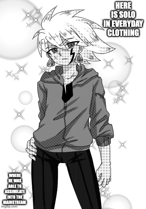 Casual Solo | HERE IS SOLO IN EVERYDAY CLOTHING; WHERE HE WAS ABLE TO ASSIMILATE INTO THE MAINSTREAM | image tagged in solo,megaman,megaman star force,memes | made w/ Imgflip meme maker