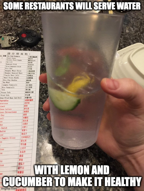 Flavored Water | SOME RESTAURANTS WILL SERVE WATER; WITH LEMON AND CUCUMBER TO MAKE IT HEALTHY | image tagged in water,restaurant,memes | made w/ Imgflip meme maker