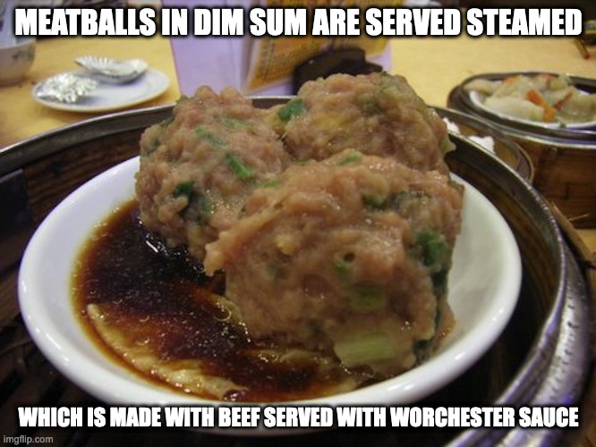 Dim Sum Meatballs | MEATBALLS IN DIM SUM ARE SERVED STEAMED; WHICH IS MADE WITH BEEF SERVED WITH WORCHESTER SAUCE | image tagged in meatballs,dim sum,food,memes | made w/ Imgflip meme maker