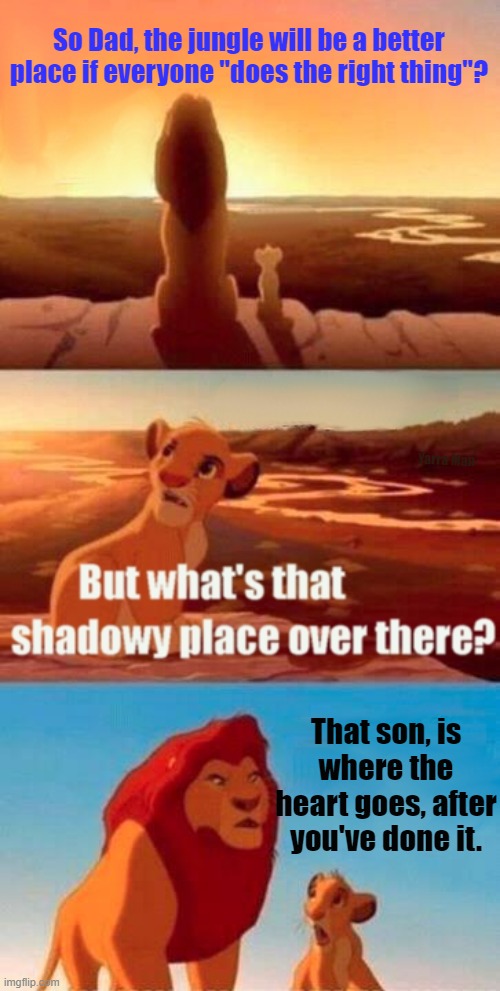 Do the right thing | So Dad, the jungle will be a better place if everyone "does the right thing"? Yarra Man; That son, is where the heart goes, after you've done it. | image tagged in memes,simba shadowy place | made w/ Imgflip meme maker