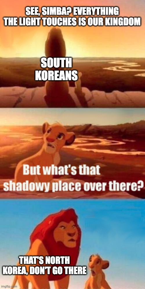 Everything the light touches... | SEE, SIMBA? EVERYTHING THE LIGHT TOUCHES IS OUR KINGDOM; SOUTH
KOREANS; THAT'S NORTH KOREA, DON'T GO THERE | image tagged in memes,simba shadowy place | made w/ Imgflip meme maker