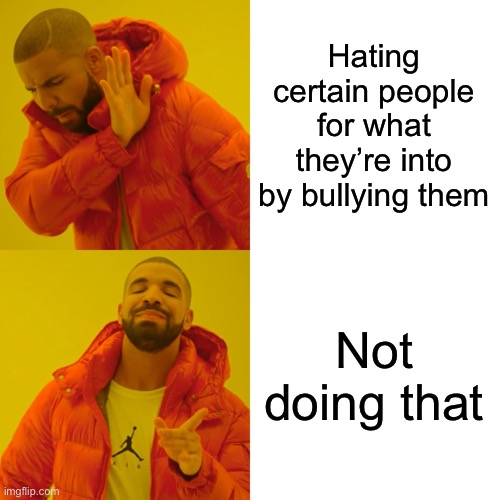 Do the bottom one instead | Hating certain people for what they’re into by bullying them; Not doing that | image tagged in memes,drake hotline bling | made w/ Imgflip meme maker