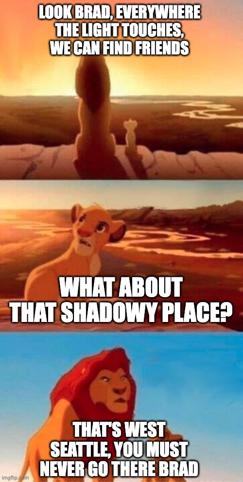 Lion King | LOOK BRAD, EVERYWHERE THE LIGHT TOUCHES, WE CAN FIND FRIENDS; WHAT ABOUT THAT SHADOWY PLACE? THAT'S WEST SEATTLE, YOU MUST NEVER GO THERE BRAD | image tagged in lion king | made w/ Imgflip meme maker