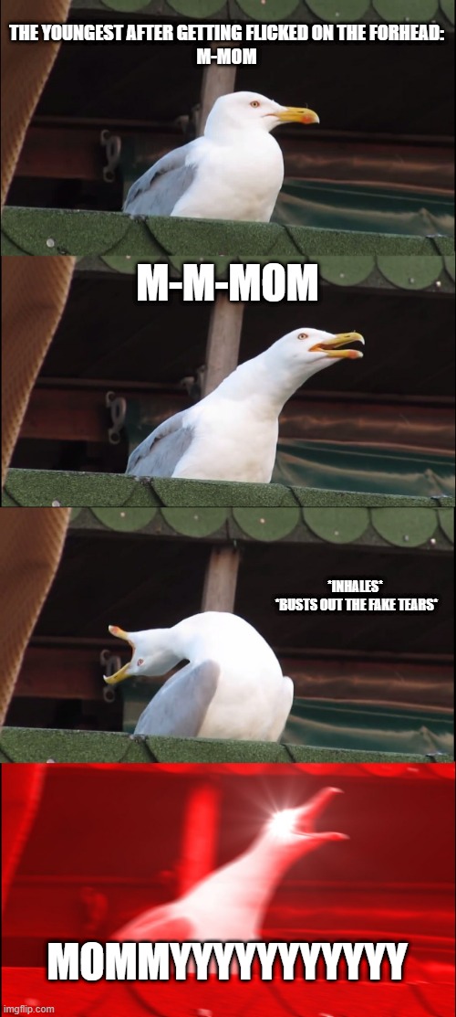Inhaling Seagull | THE YOUNGEST AFTER GETTING FLICKED ON THE FORHEAD:
M-MOM; M-M-MOM; *INHALES*
 *BUSTS OUT THE FAKE TEARS*; MOMMYYYYYYYYYYY | image tagged in memes,inhaling seagull | made w/ Imgflip meme maker
