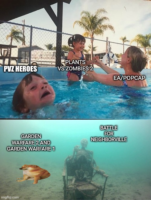 EA nowadays | PLANTS VS ZOMBIES 2; PVZ HEROES; EA/POPCAP; BATTLE FOR NEIGHBORVILLE; GARDEN WARFARE 2 AND GARDEN WARFARE 1 | image tagged in mother ignoring kid drowning in a pool | made w/ Imgflip meme maker