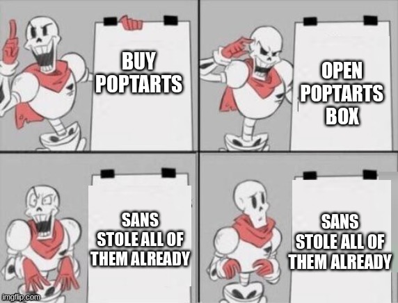 Papyrus plan | OPEN POPTARTS BOX; BUY POPTARTS; SANS STOLE ALL OF THEM ALREADY; SANS STOLE ALL OF THEM ALREADY | image tagged in papyrus plan | made w/ Imgflip meme maker