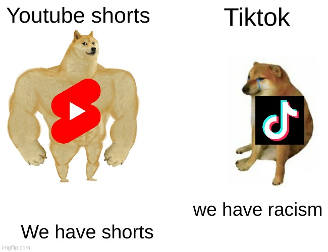 We have a new not trash era | Youtube shorts; Tiktok; we have racism; We have shorts | image tagged in memes,buff doge vs cheems,tiktok,youtube | made w/ Imgflip meme maker